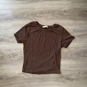 Active Basic Chocolate Brown Ribbed Short Sleeve Tee